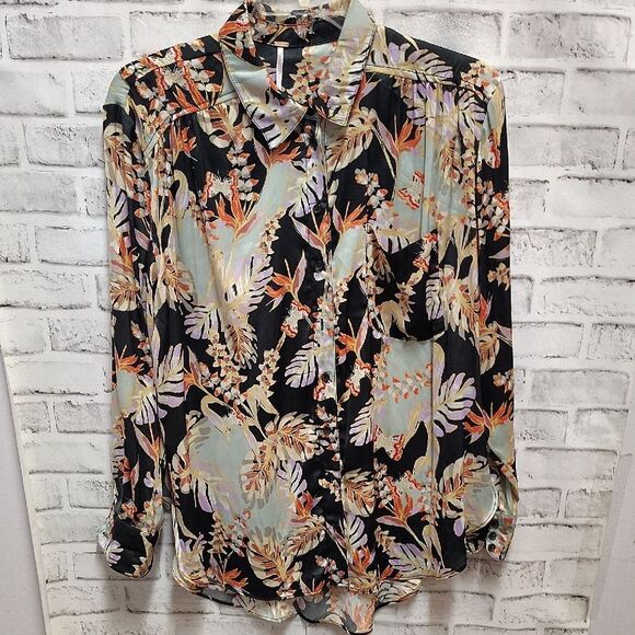 Free People Black and Orange Buttoned Notched Collar Blouse - Picture 1 of 3